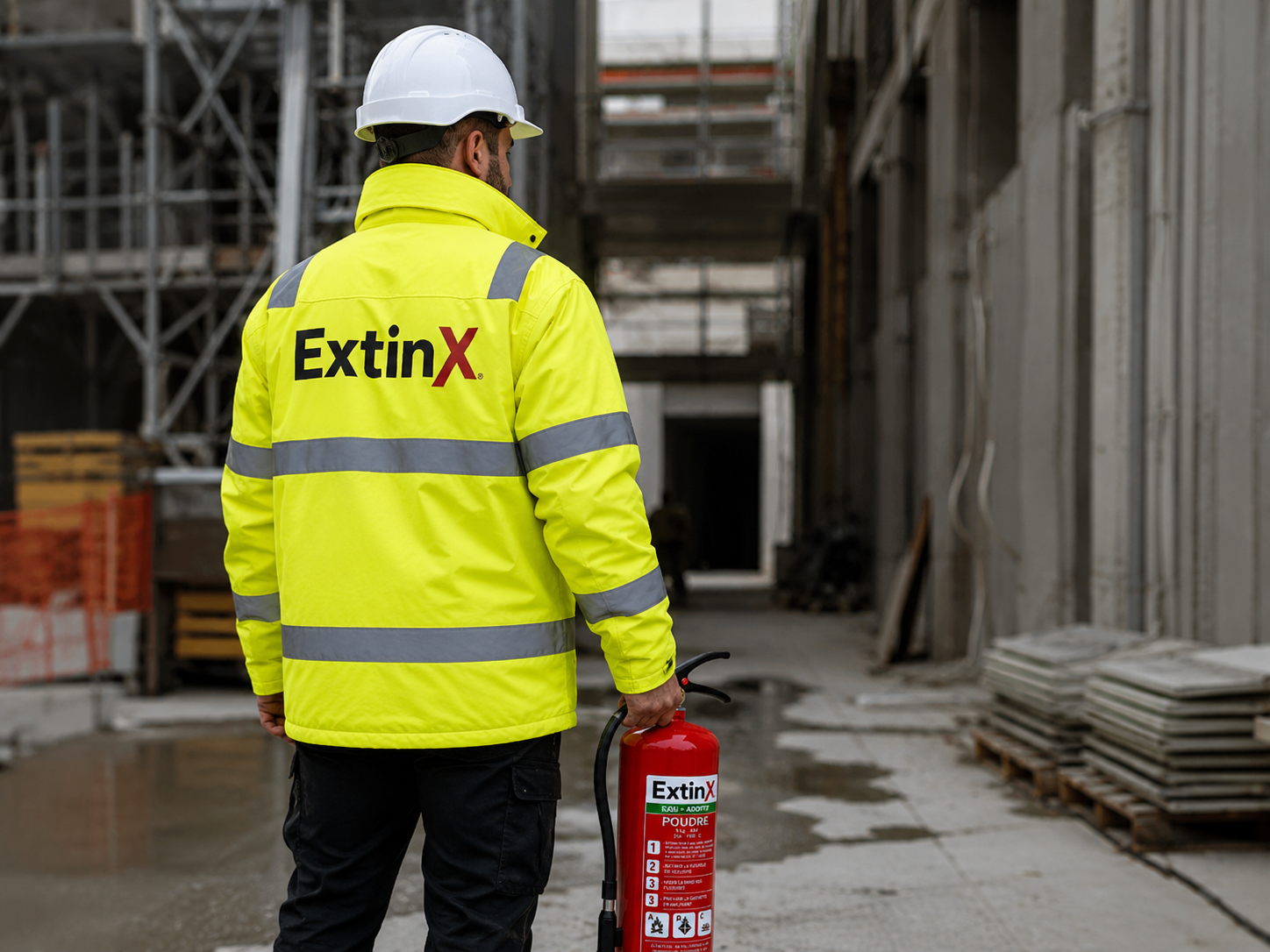 Technicien ExtinX en chantier avec un extincteur